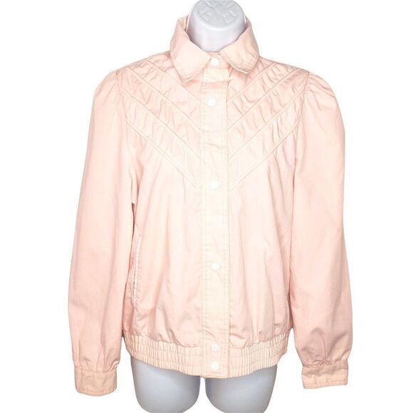 Vintage 80s Baby Pink Jacket Cotton Blend Sz S Snap Closure Gathered Shoulders - Picture 1 of 11